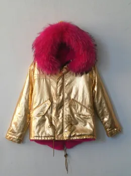 

Customized elegant unisex winter real raccoon collar fur jacket 15 colors fur inside mr mrs fur gold leather coats