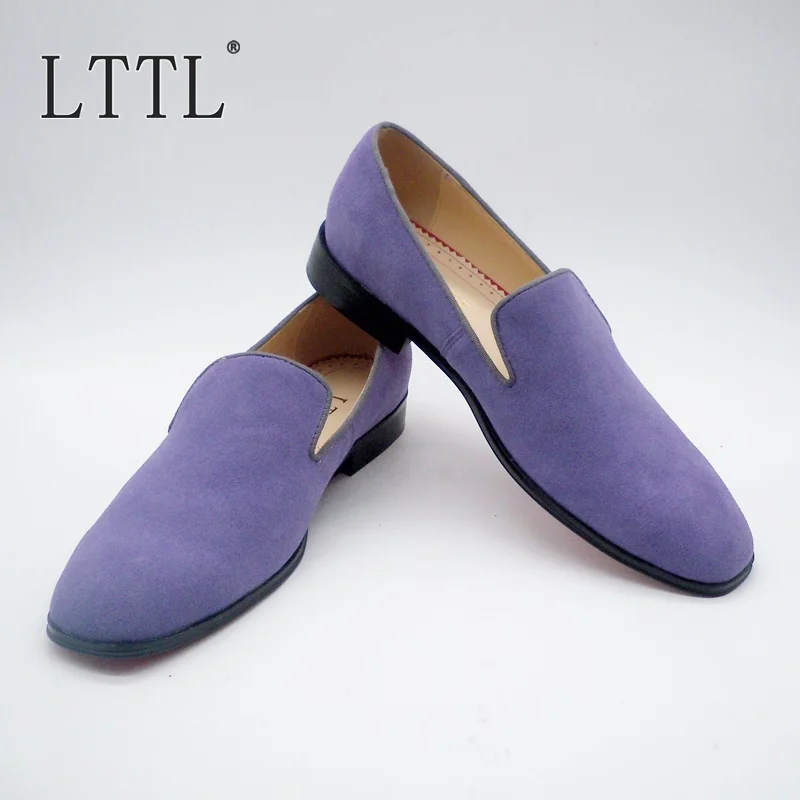 Light Purple Cow Suede Loafers Handmade Fashion Mens Shoes Genuine Leather Moccasins Italian Shoes Red Sole Men's Flats