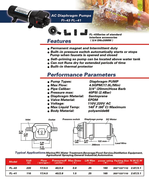 Ac 110v / 220v 40psi pompe à eau électrique mini pompe à membrane 25m pompes  de levage fl-41 fl-43