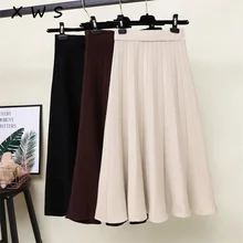 Осень-зима, вязаные женские юбки, миди до середины икры, Корейская элегантная юбка на пуговицах с высокой талией, Женский плиссированный свитер, юбка