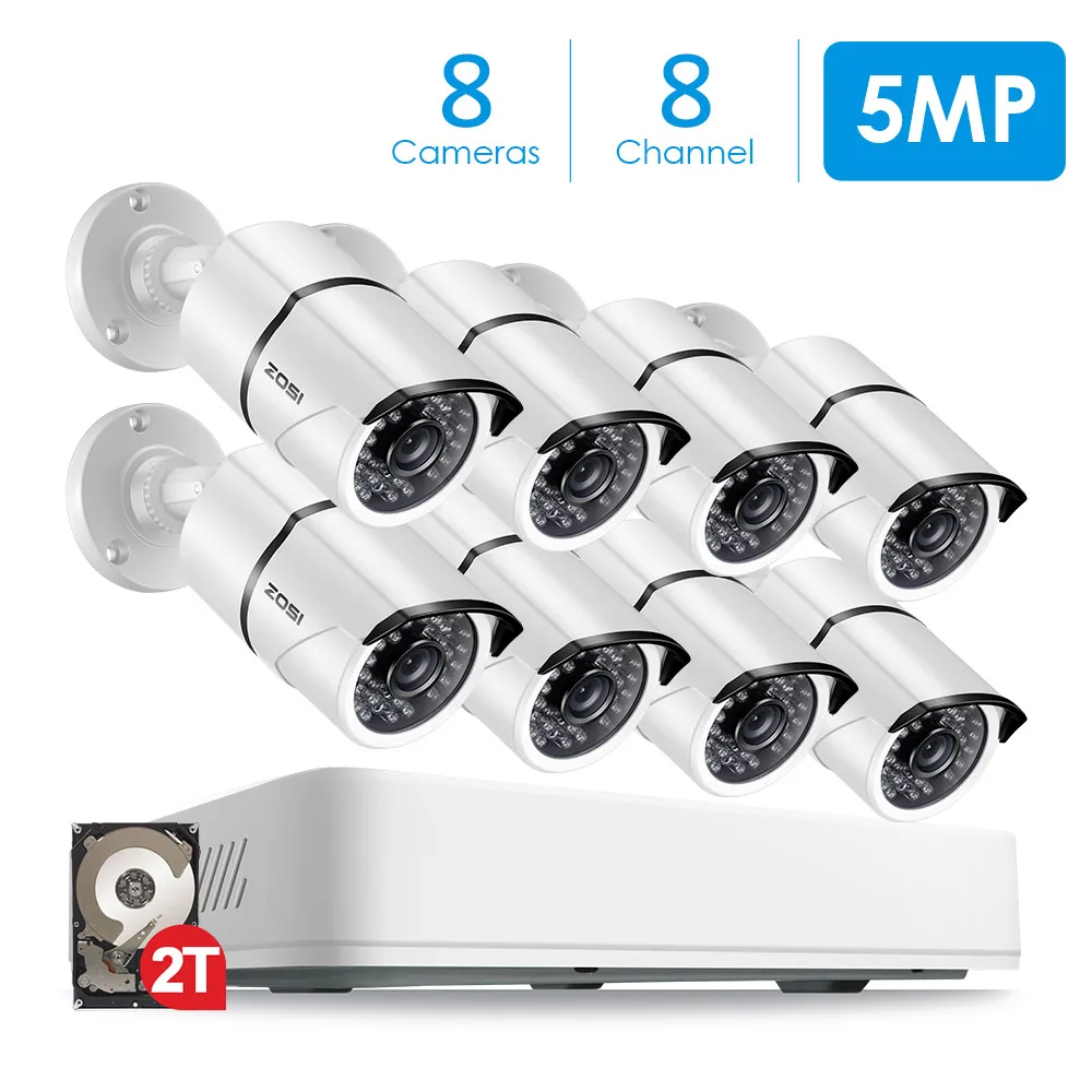 ZOSI 8CH HD 5.0MP Outdoor/ Indoor Security Camera System with 8 x 5MP 2560*1920 HD CCTV Camera Pre-Installed 2TB Hard Drive