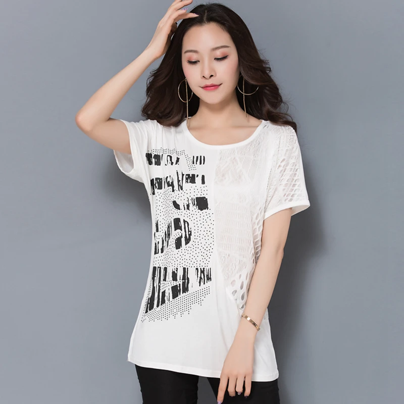 Women Lace Cotton Patchwork Summer T shirts Ladies Black White Basic T