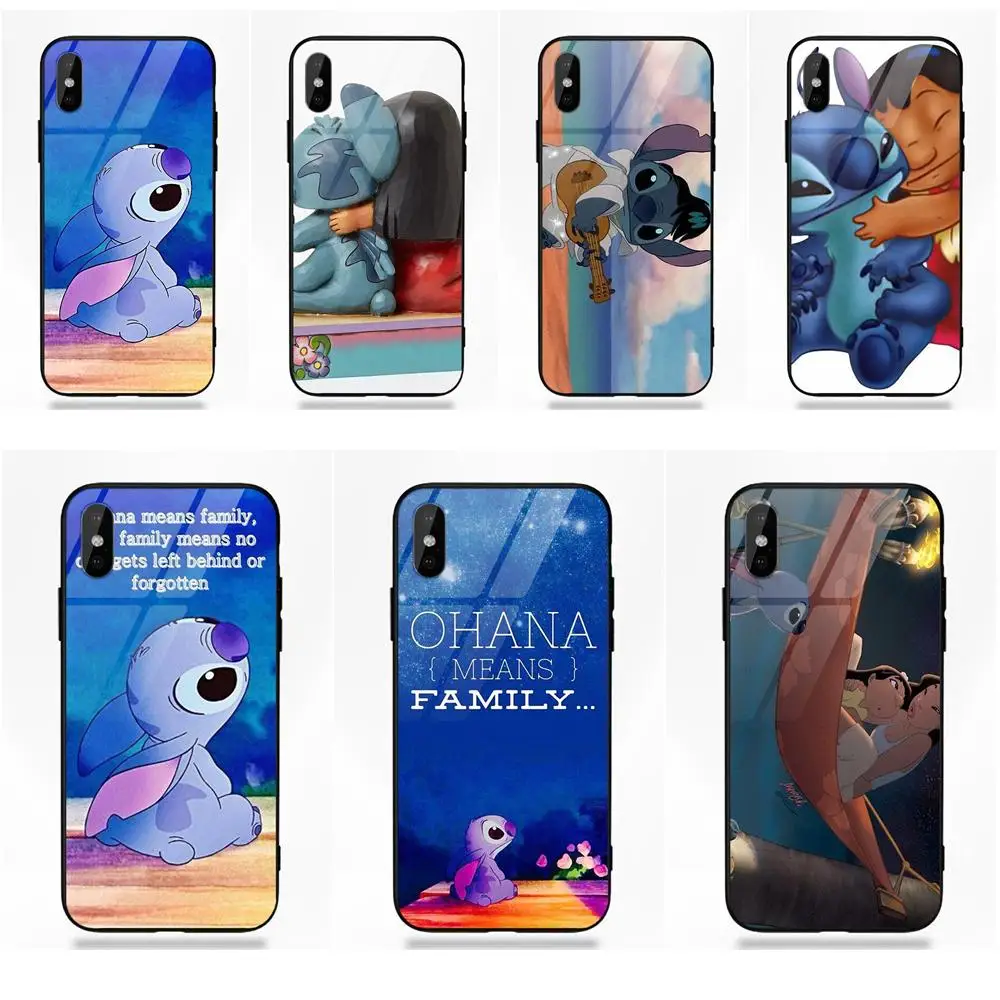 

For Apple iPhone 5 5C 5S SE 6 6S 7 8 Plus X XS Max XR Soft TPU Frame+Tempered Glass Protective Ohana Means Family Lilo Stich