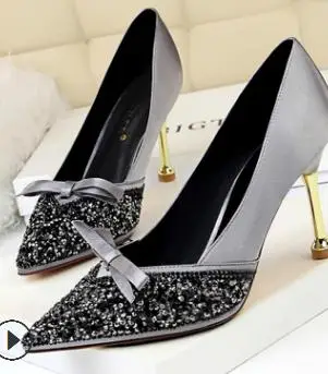 

2018 new fashion metal with stiletto high heel satin shallow mouth pointed sequins rhinestone bow women's shoes