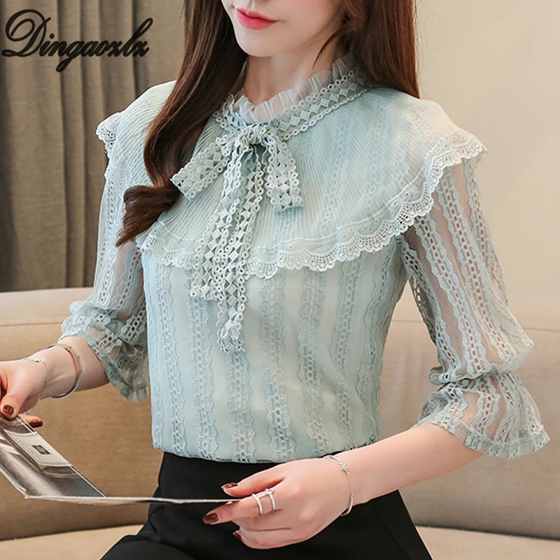 

Dingaozlz New fashion Women lace shirt Summer Flare Sleeve Chiffon blouse Bow tie Hollow out Women Tops