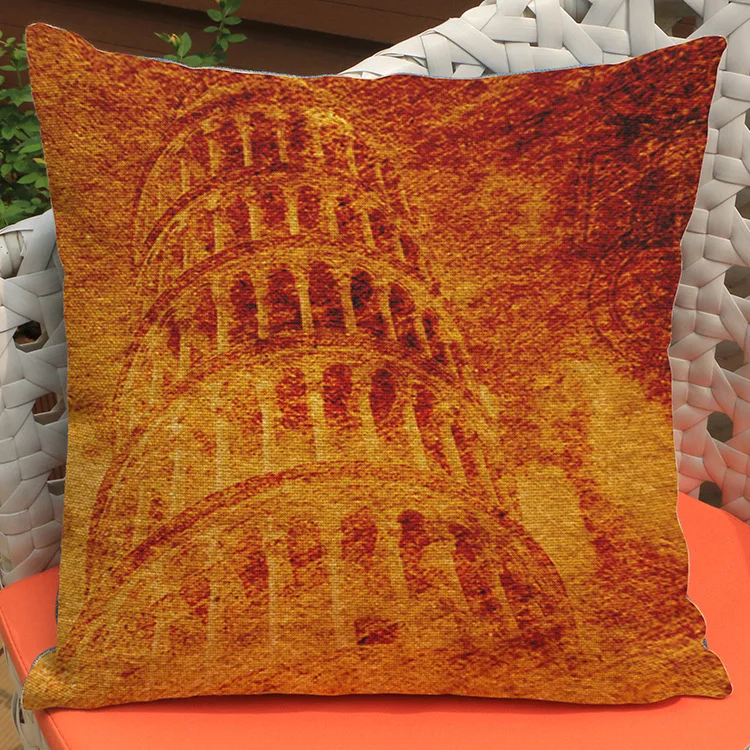 European Vintage Style Famous Building Leaning Tower of Pisa Cushion Cover Cotton Linen Throw Pillowcase for Sofa Square KDT1161 | Дом и сад