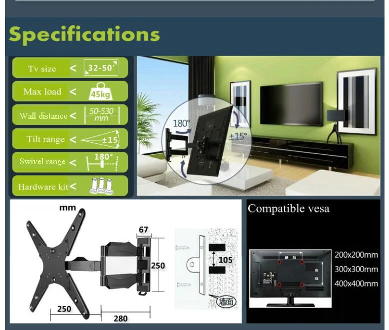 Поворотный на 180 градусов складной и выдвижной 23-50 дюймовый настенный ЖК-кронштейн для телевизора Максимальная нагрузка 45 кг Макс. VESA 400X400 мм
