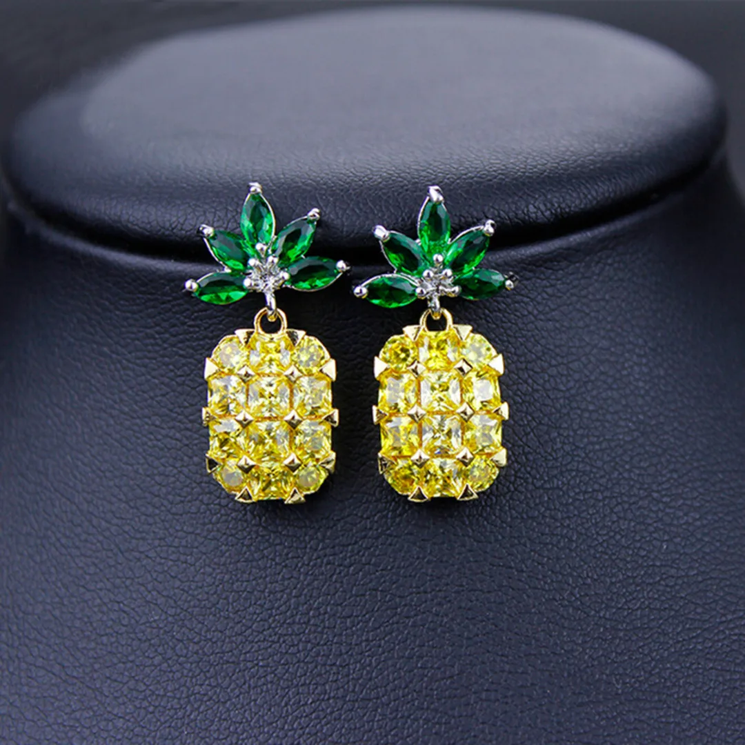 Womens Girls Cute Bling Gold Pink Fruit Pineapple Crystal Ear Stud Earring
