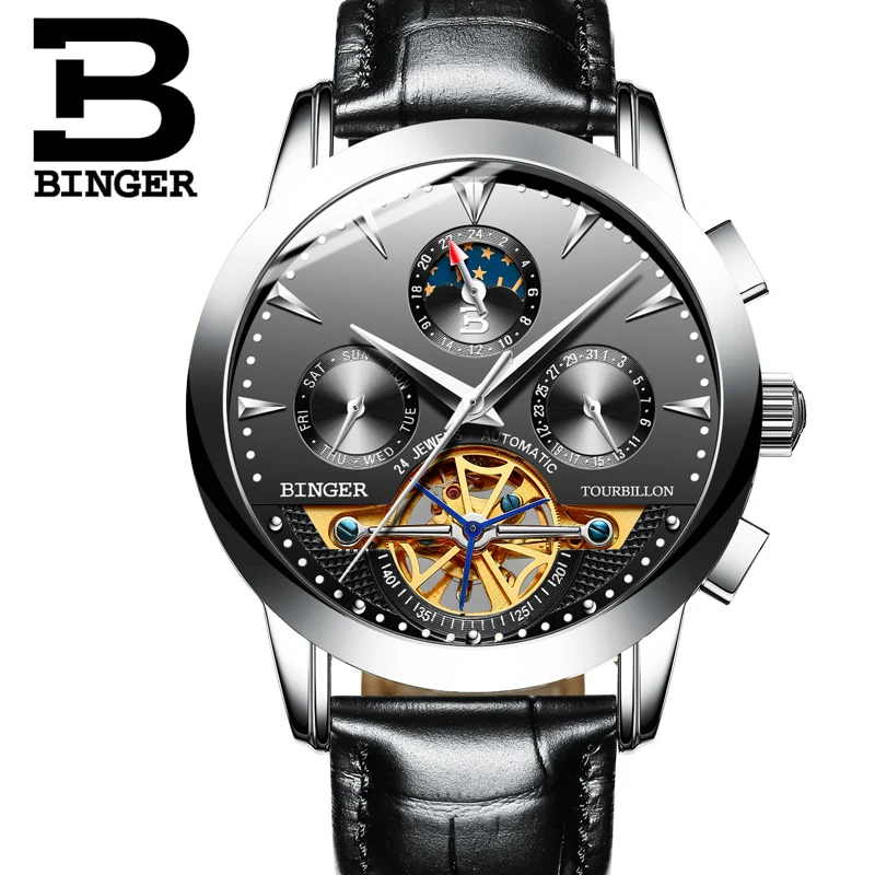 Модные мужские часы Tourbillon швейцарские автоматические BINGER механические с кожаным