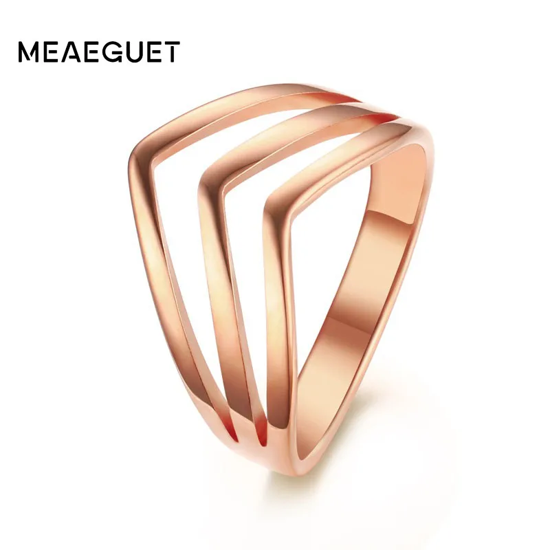 Meaeguet Chevron Design Shape 3V Ring For Women Titanium Steel Wedding Bands Bague Trendy Letter Jewelry