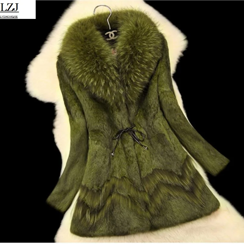 

LZJ high quality luxury fur coat coat winter jacket jacket lady coat leather raccoon fur collar natural rabbit fur long coat 3XL