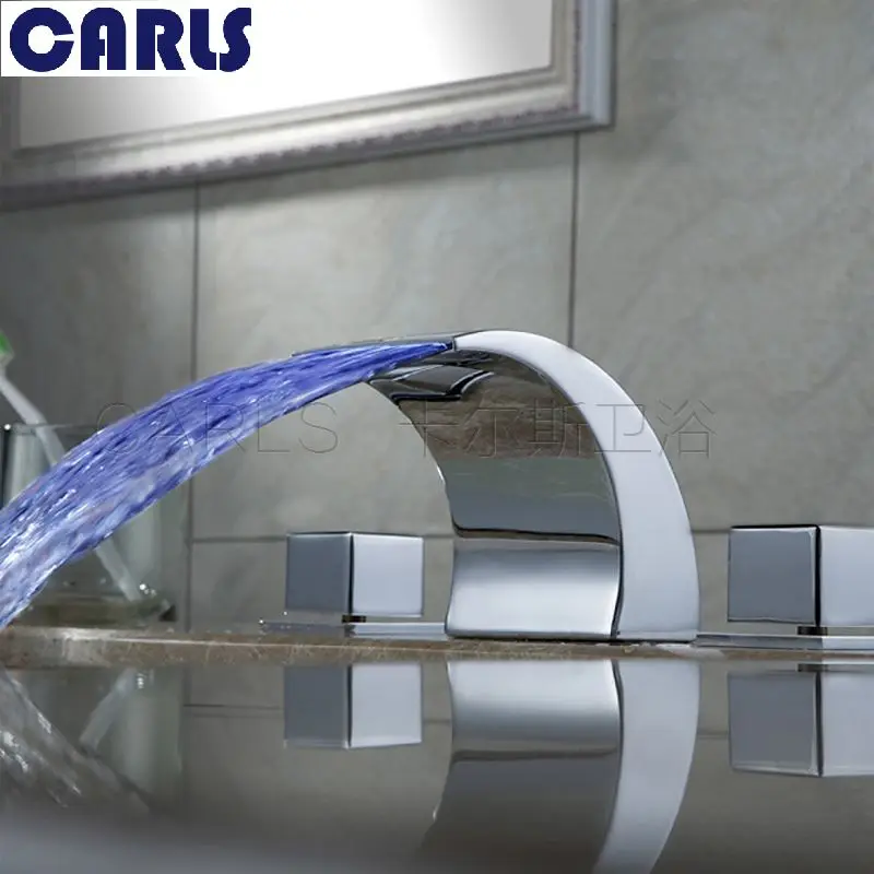 

LED temperature control faucet, washbasin pan, all copper hot and cold waterfall, three sets of basin faucet, luminous faucet