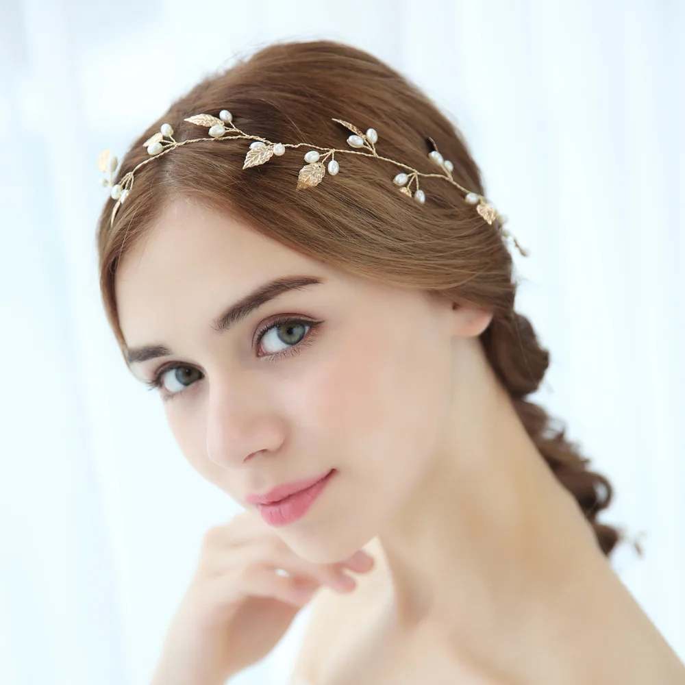 Simple Long Hair Vine Gold Leaf Bridal Headband Handmade Pearls Wedding Headpiece 2018 (8)