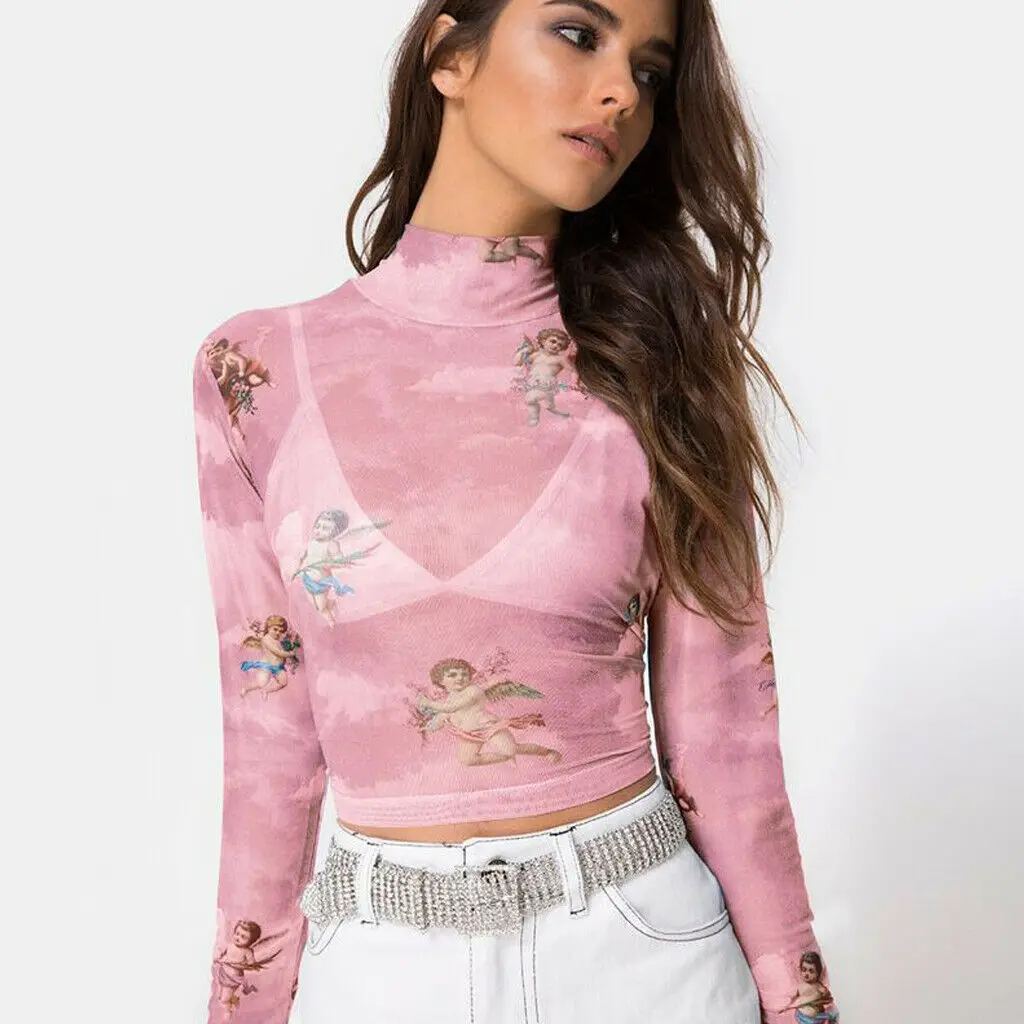 

Hot Summer Autumn Women Girls High Neck Angel Print Long Sleeve See Through Mesh Sheer Fishnet Crop Bodycon Top Short T Shirt