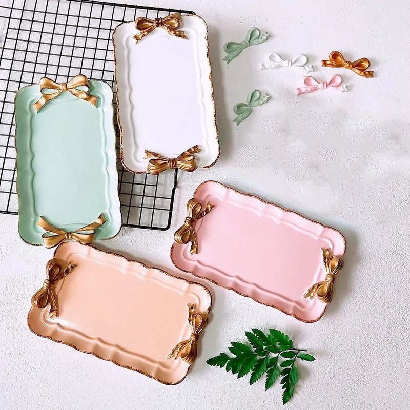 ABLA European Style Bow Cake Storage Trays Makeup Organizer Dessert Plate Square Decor Tray Kitchen Storage Trays 12x20Cm Whit