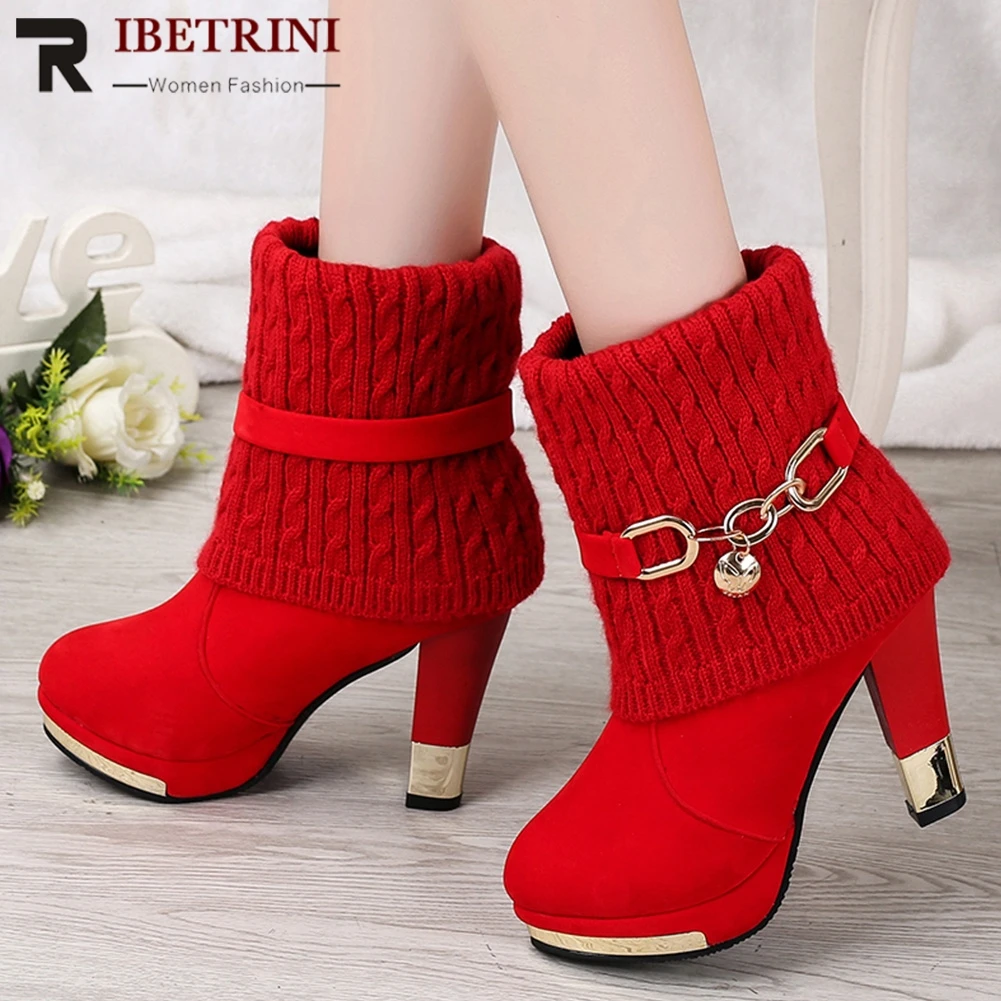 

RIBETRINI Ladies Ankle Boots Winter Platform High Heels Shoes Metal Decorations Slip On Round Toe Ankle Boots Woman Size 35-43