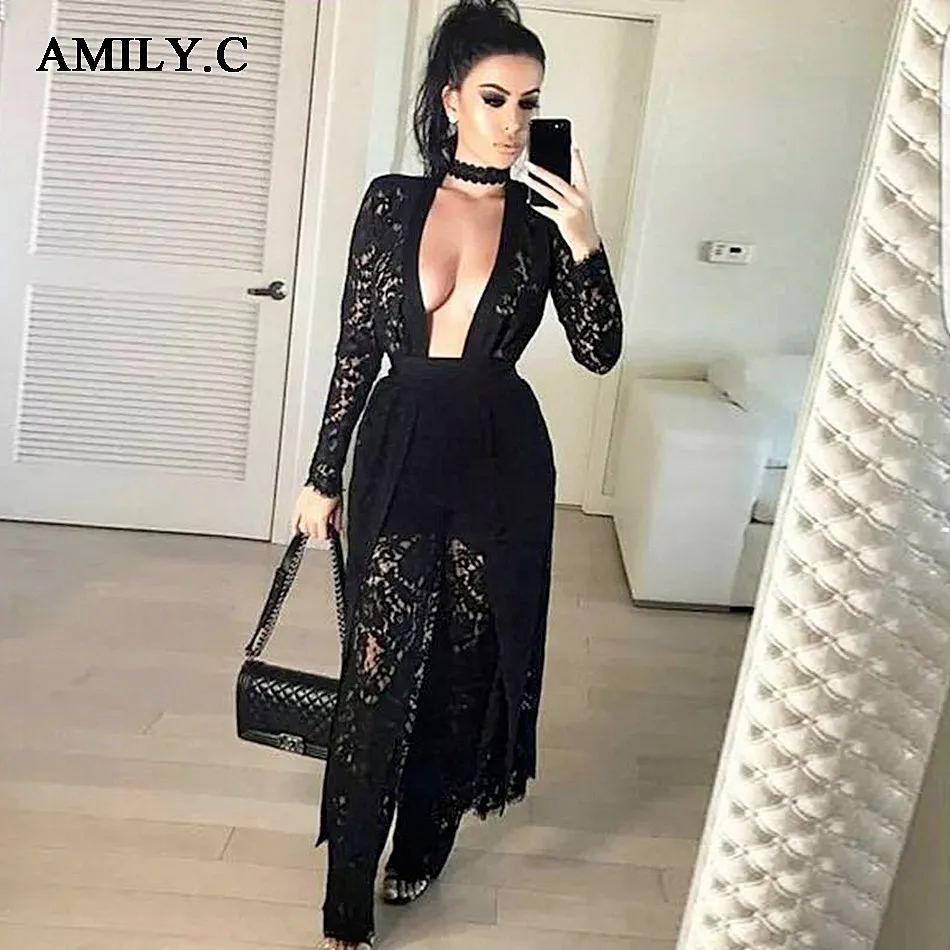 

Amily.c 2018 spring new women's bandage jacket jacket sexy shirt lace jacket celebrity party black jacket wholesale