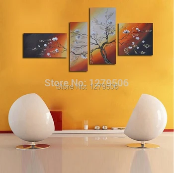 

Hand Painted 4 Piece/set Modern Abstract Oil Painting On Canvas Decor White Flower Tree For Living Room Home Decorations