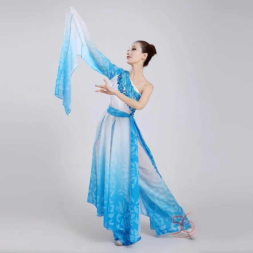(0135) female blue poetic water sleeves costumes Chinese Classical dance clothes long Sleeves sequined Hanfu ancient fairy set