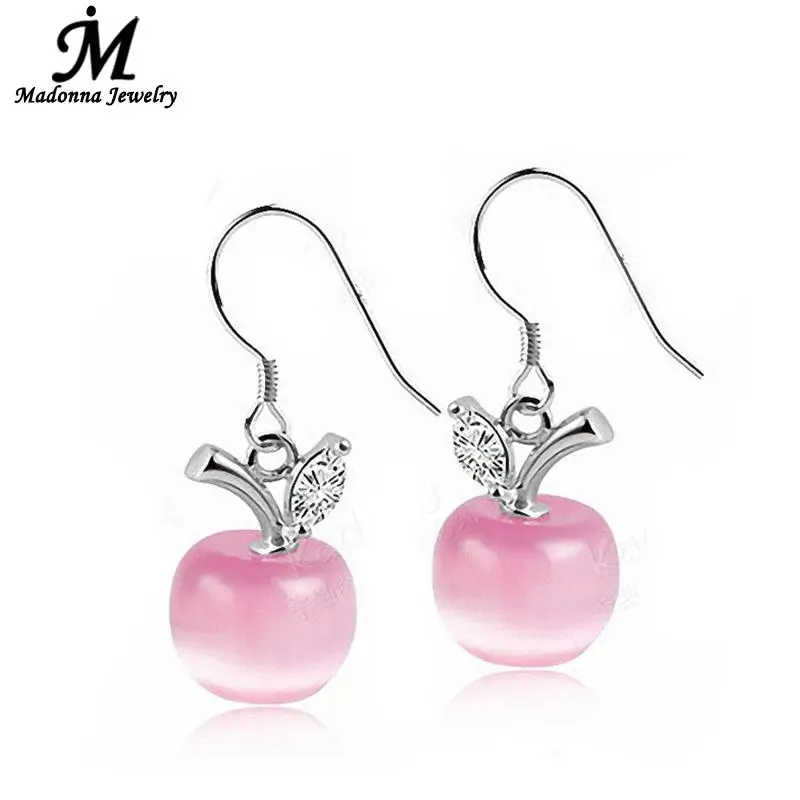 

Fashion Pink White Apple Opal stone stud earring Beads Long stud Earrings For Women Crystal Design Silver Jewelry Wholesale