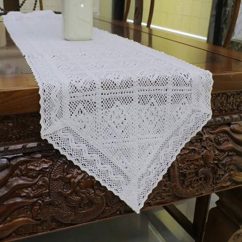 

European Retro Style White Cotton&Linen Crochet Hollow Triangle Table Runner Home Decorative Table Cloth ,Customizable