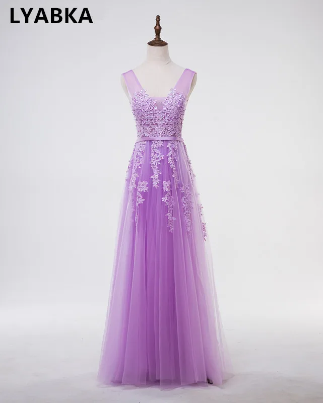 Сексуальное вечернее платье с v-образным вырезом, Robe De Soiree, высокое качество, Серый Тюль, вечерние платья с аппликацией, настоящая фотография, vestido de festa - Цвет: light purple