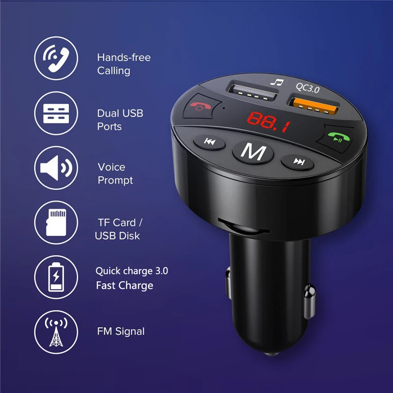 HEVXM QC3.0 Quick Charger Bluetooth Car Kit FM Transmitter modulator USB Audio Mp3 Player Wireless for Phone Handsfree Car kit 5