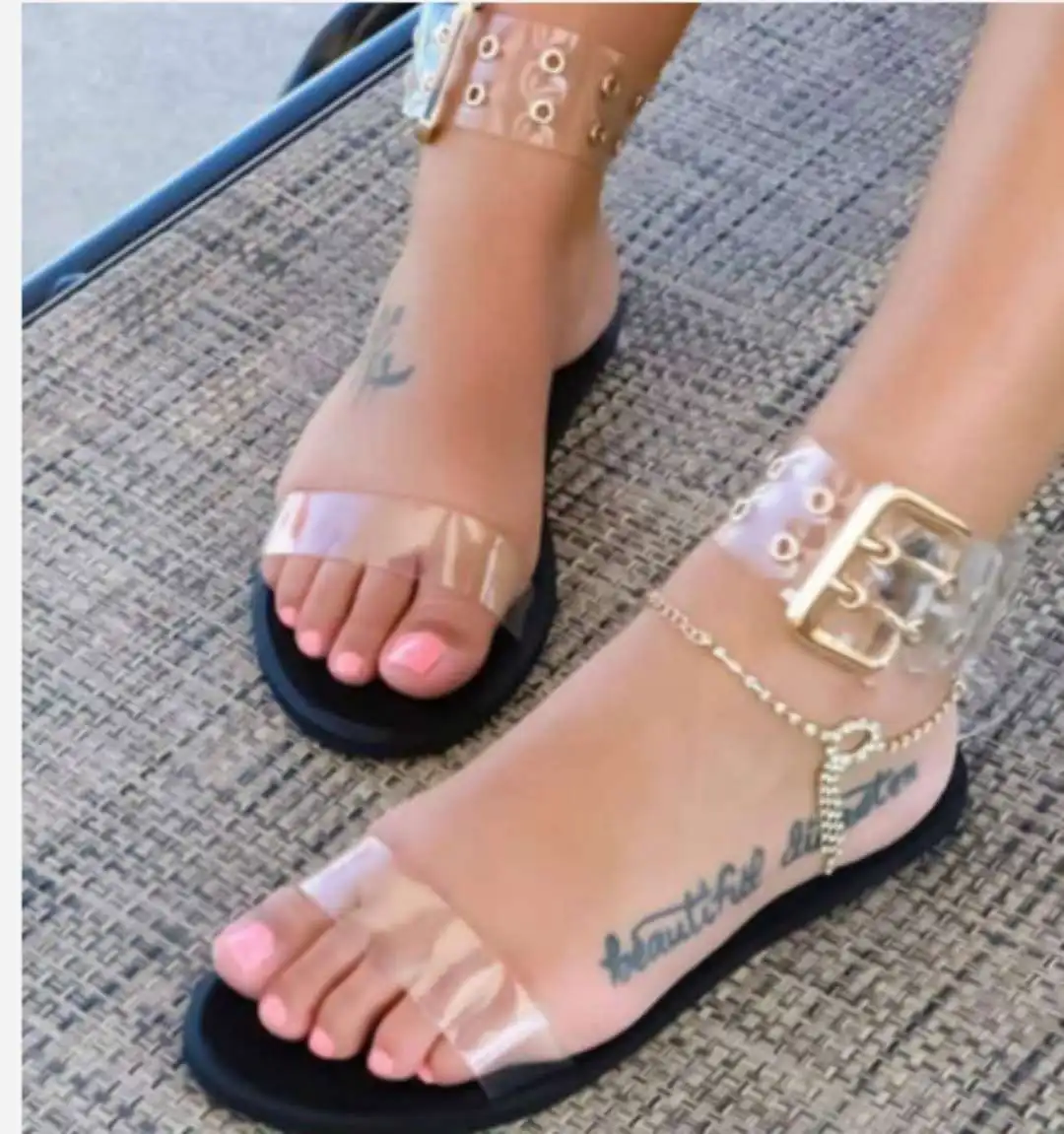 

Women flats sandals gladiator summer transparent open toe jelly shoes ladies vintage roman buckle strap beach sandals big size
