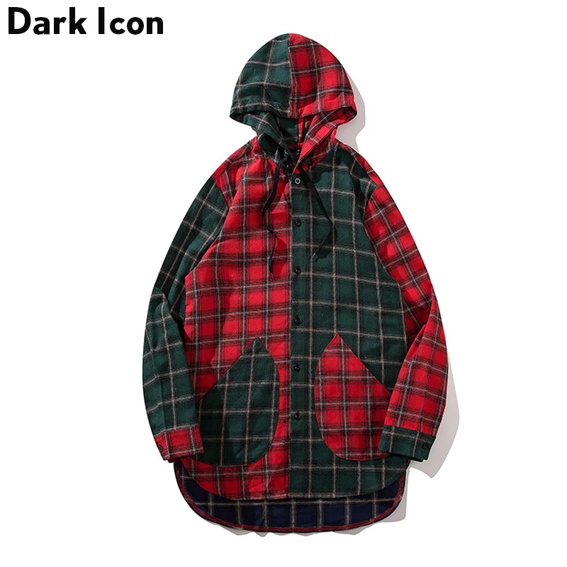 Meilleur FONCÉ ICÔNE Patchwork Flanelle À Carreaux Hommes de Chemise avec À Capuche 2018 High Street Couleur Bloc Chemise Hommes Coton 3 Couleurs
