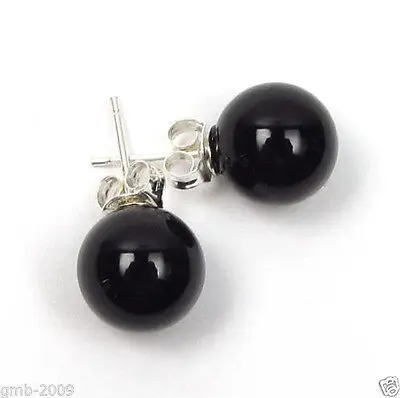 

hot sell new - -hot New 8mm 10mm 925 Sterling Silver Natural Black stone Round Beads Stud Earrings