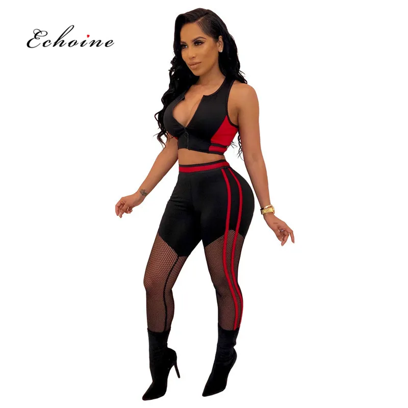 

Echoine Women 2 Pcs Set Sexy Crop Tops Long Pants Elastic Mesh Patchwork Sleeveless See Through Fish Net Hollow Out Sport Suits