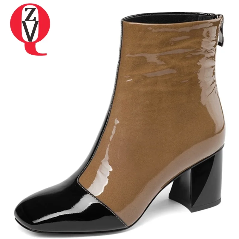 

ZVQ women shoes 2018 new high quality patent leather high strange style zipper square toe heel height 6 cm winter ankle boots