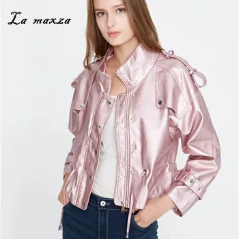

2020 Women Autumn Bomber PU Loose Moto Crop Parkas Jackets Streetwear Leather Jacket Women