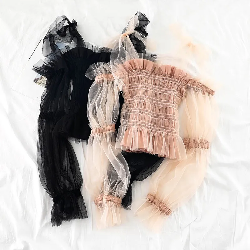 2019 Women Puff Flare Sleeve Slash Neck Ruffle Shirt Casual Elastic Slim High Waist Tulle Pullover Mesh Gauze Voile Blouse