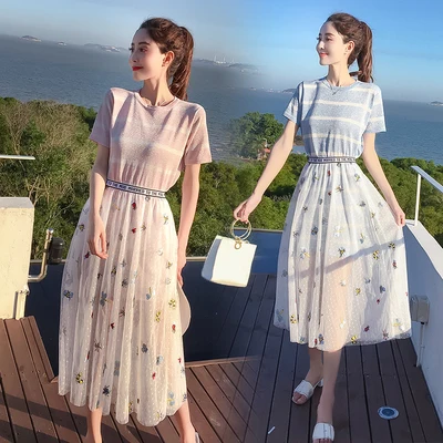 

Striped Short Sleeve Fashion O-Neck Long T-shirts Tees Dress+Cartoon Pattern Ruched Mesh Midi Skirts Women Casual 2PCS Suits