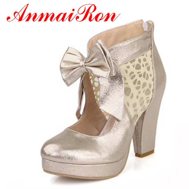 

ANMAIRON New Fashion Style Silver Gold Black New Women Pumps Fashion High Heels Shoes Bow Patry Wedding Shoes Platform Pumps