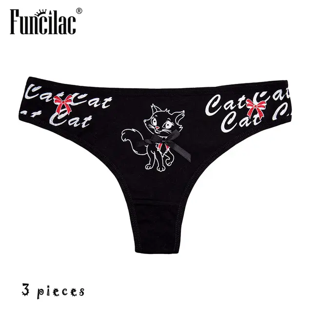 FUNCILAC Underwear Women Cartoon Kitty Thongs Cotton Sexy G Strings