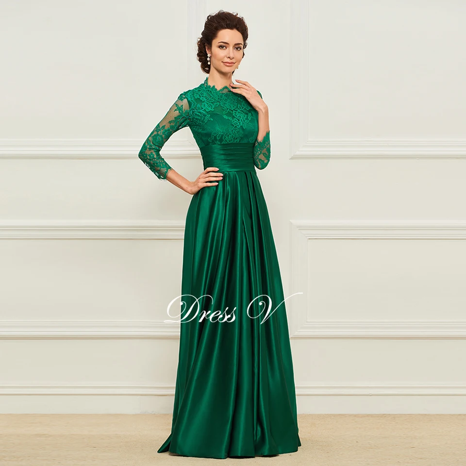 DressV зеленый длинный для матери невесты Высокая шея линия Длина до пола 3/4 рукава кружева Формальные партии для матери невесты платье
