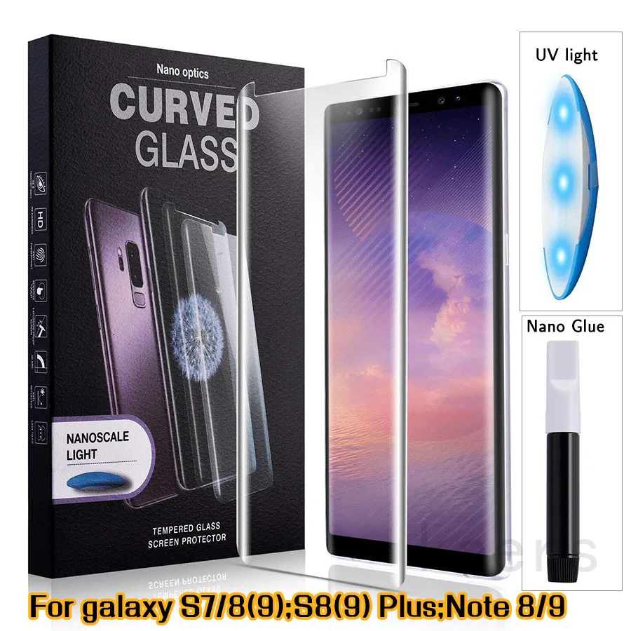 

UV Glue Screen Protector For Samsung Galaxy S7 Edge S8 S9+ Plus Note8 Note 9 Tempered Glass Full Cover 1 Ultraviolet Light