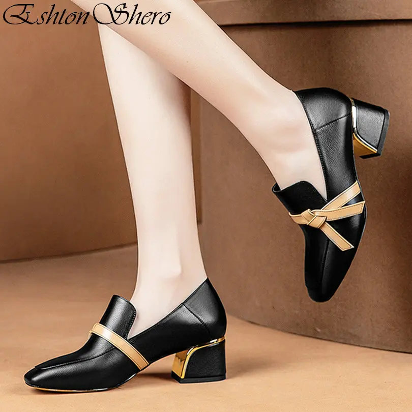 

EshtonShero Women's Shoes Woman Pumps Platform Cow Leather+PU High Heels Butterfly-Knot Black Ladies Wedding Shoes Size 3-8