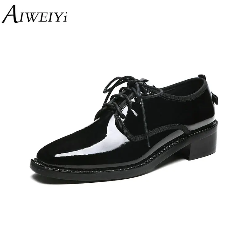 

AIWEIYi Genuine Leather Oxford Shoes Square Low Heel Women Shoes Casual Moccasins Loafers Ladies Shoes Sapatilhas Zapatos Mujer