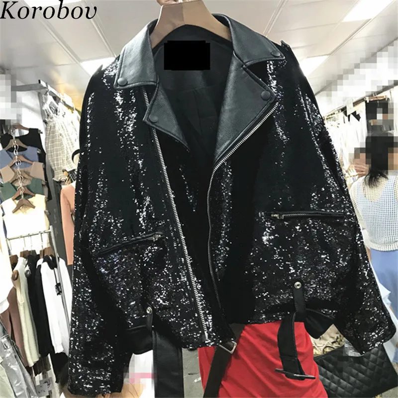 

Korobov 2019 New Korean PU Streewear Jacket Suquined Patchwork Women Female Coats Loose Casual Pockets Mujer Jackets 76385