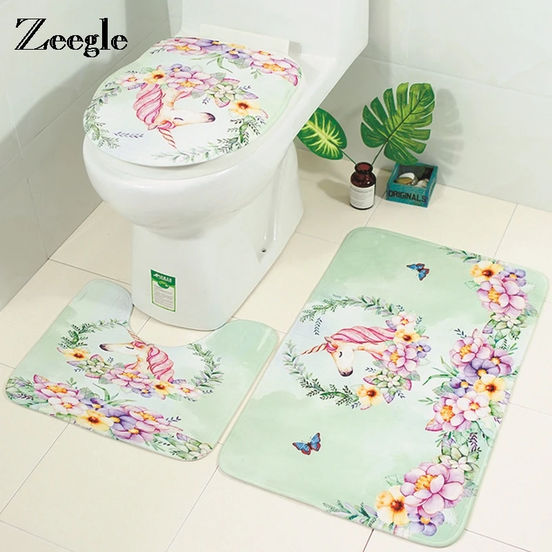 

Zeegle Unicorn Mats For Toilet Flannel Absorbent Bath Mat 3Pcs Bathroom Carpet Set Anti-slip Shower Mat Bathroom Rug Doormat