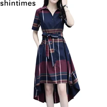 Vestidos 2019 Summer Elegant Asymmetrical Hem Dress Bodycon Short Sleeve Turn-down Collar Party Plaid Women Dresses Plus Size Vestidos 2019 Summer Elegant Asymmetrical Hem Dress Bodycon Short Sleeve Turn-down Collar Party Plaid Women Dresses Plus Size