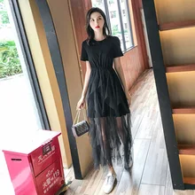 Мода весна длинное платье в складку летнее повседневное женское с высокой талией Elascity