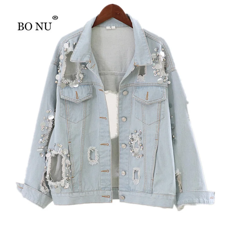 

BONU Beading Demin Jacket For Women Holes Loosen Autumn Sequins Coat High Quality Jean Jacket Female Coat Denim jacket for women
