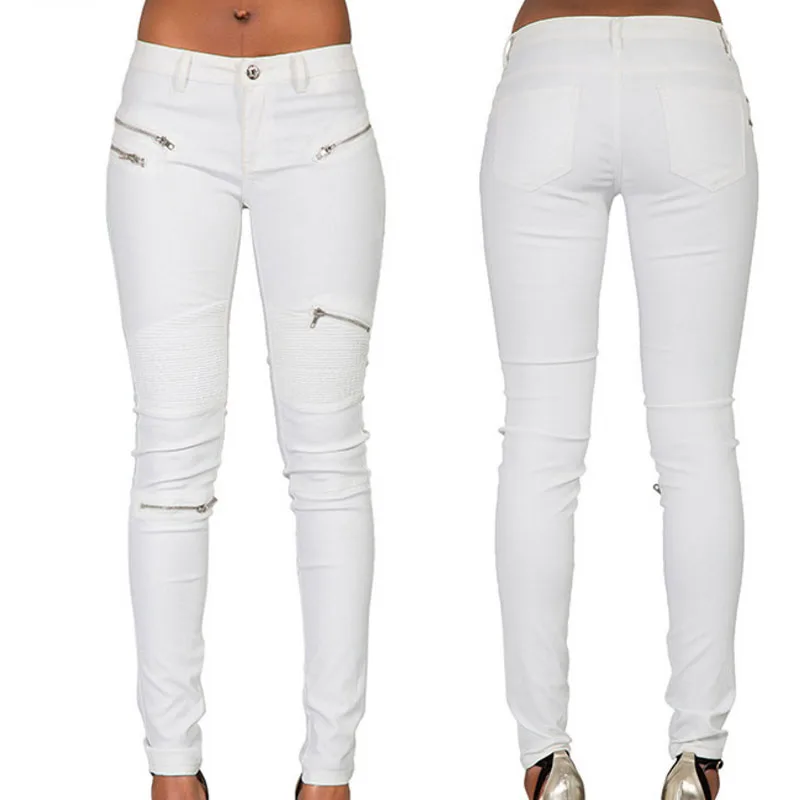 2018 Women's New Sexy White PU Leather Coated Denim Pants Women Multi