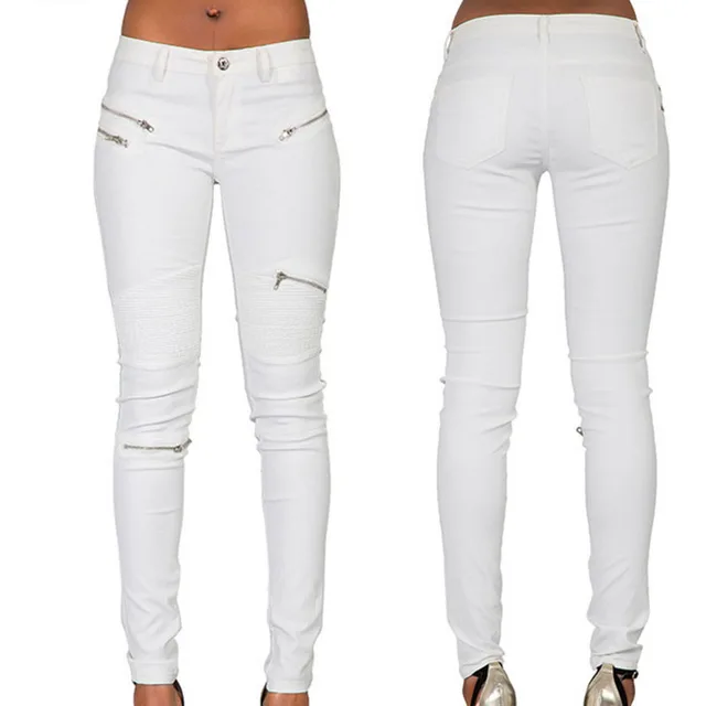 2018 Women's New Sexy White PU Leather Coated Denim Pants Women Multi ...