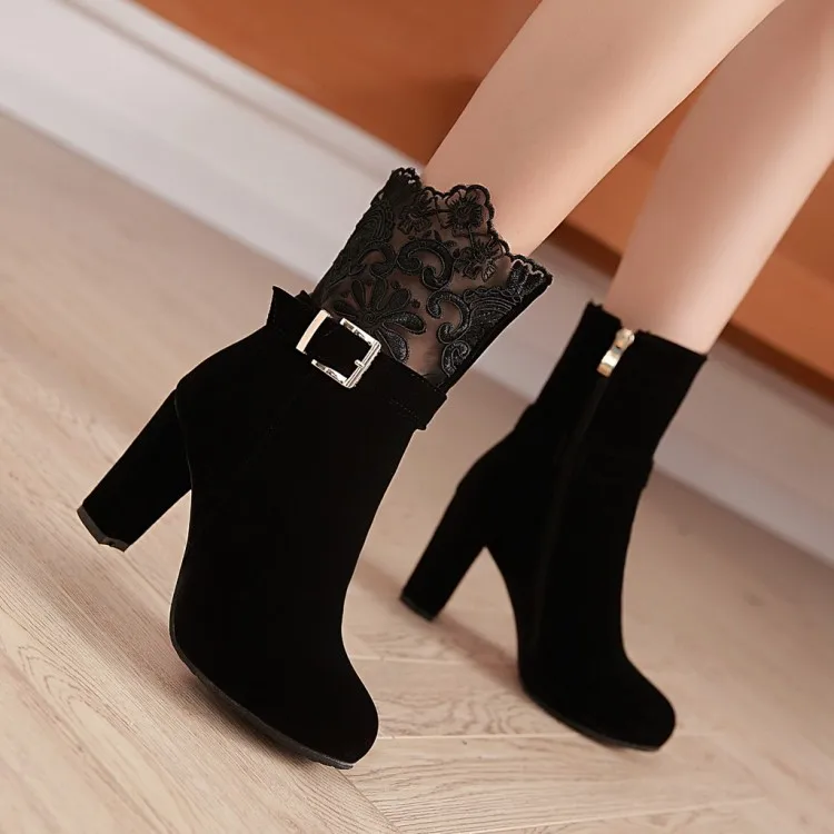 

Thick lace high-heeled suede side zipper wedding shoes female short winter boots 16 new small code 31-33 code 40-43