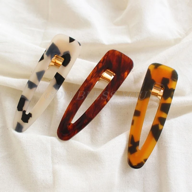 Women Girls Korean Vintage Tortie Side Hair Clips Geometric Rectangle Water Drop Shape Hairgrips Retro Leopard Printed Barrettes